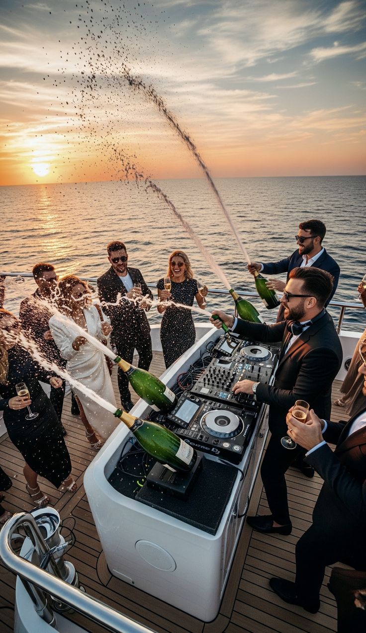 Champagne on deck at sunset