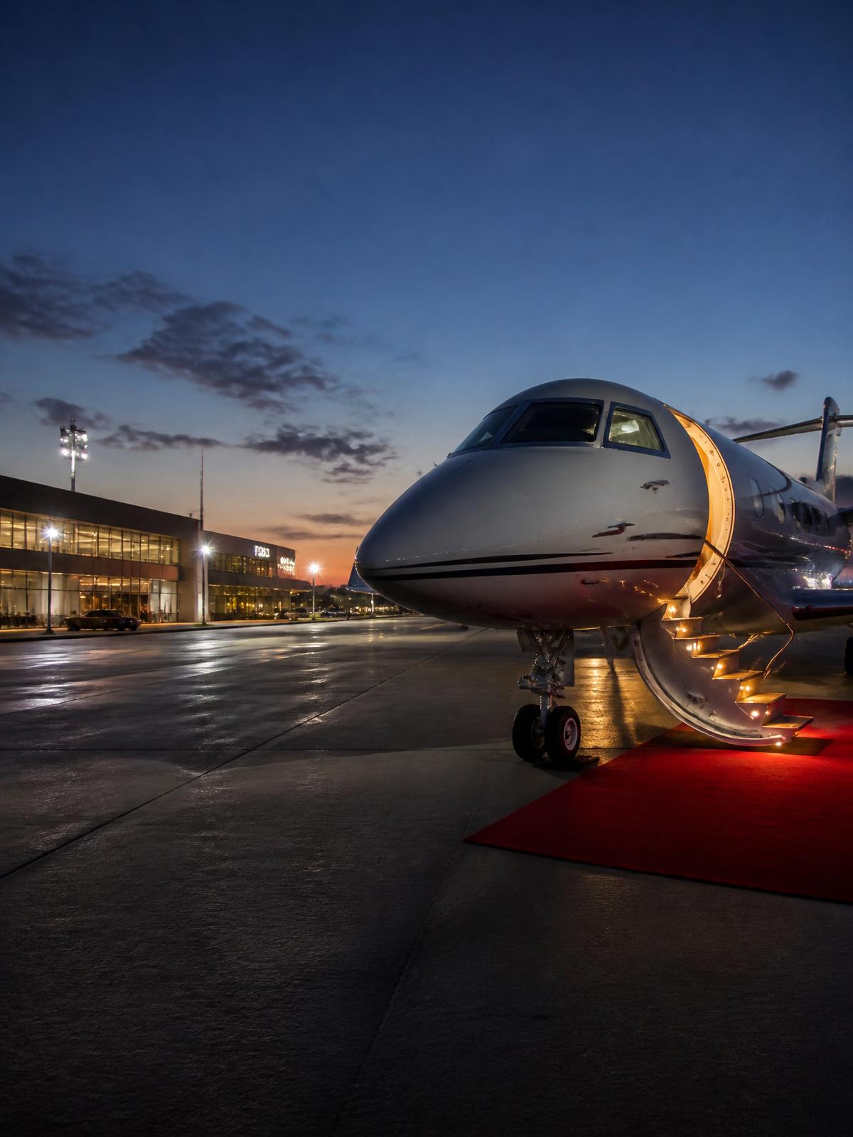 Private jet on the tarmac at dusk with airstair and red carpet